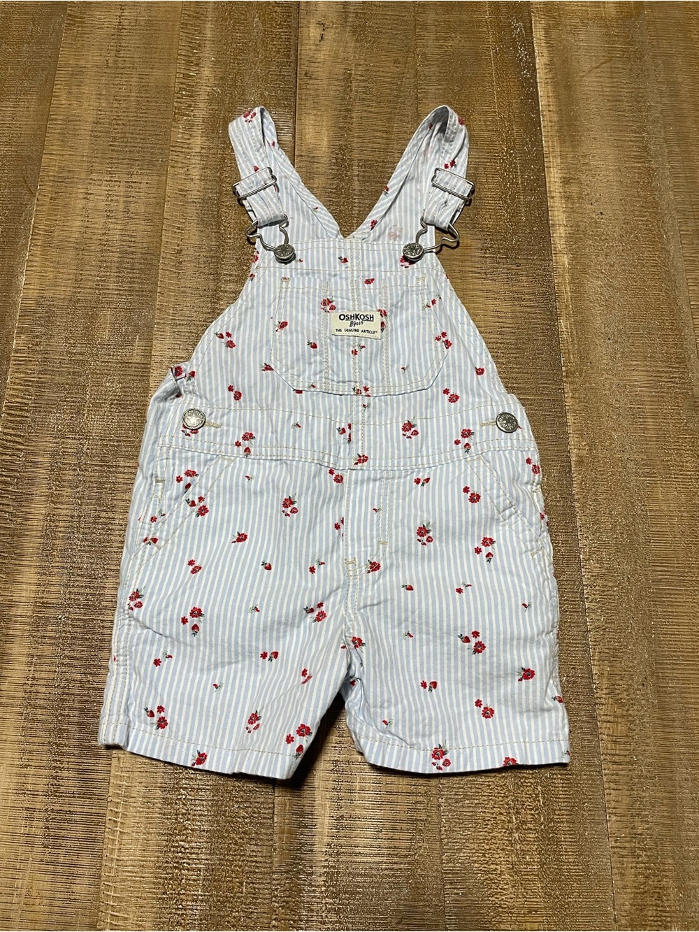 OshKosh B'gosh Light Blue Striped Short Overalls with Red Floral Print